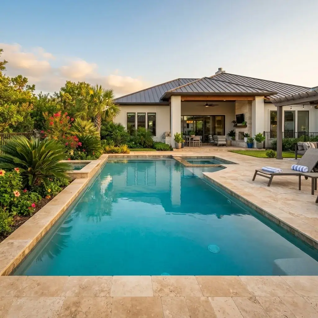 Rectangular travertine-deck pool behind a modern Texas home with tropical landscaping at sunset