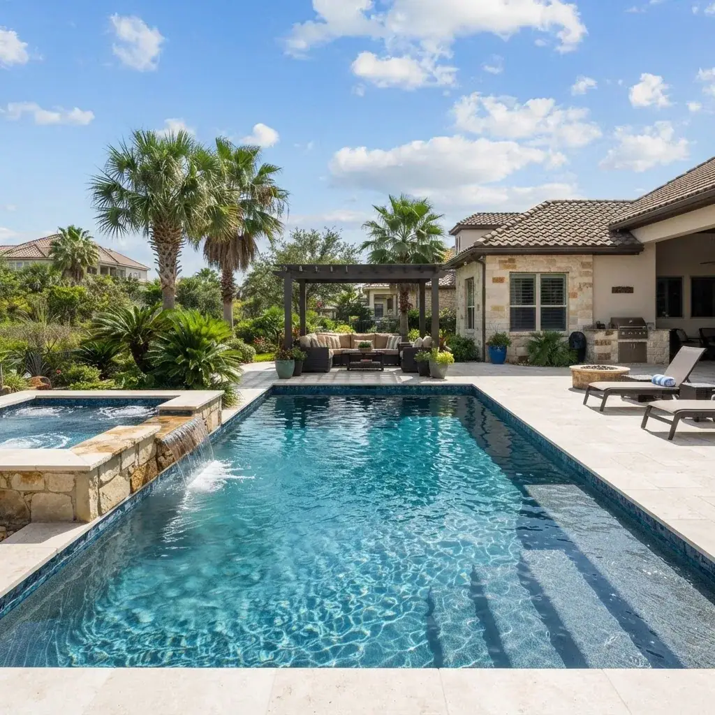 Pool with a spa spillover and stone waterfall beside a covered outdoor kitchen and palm trees