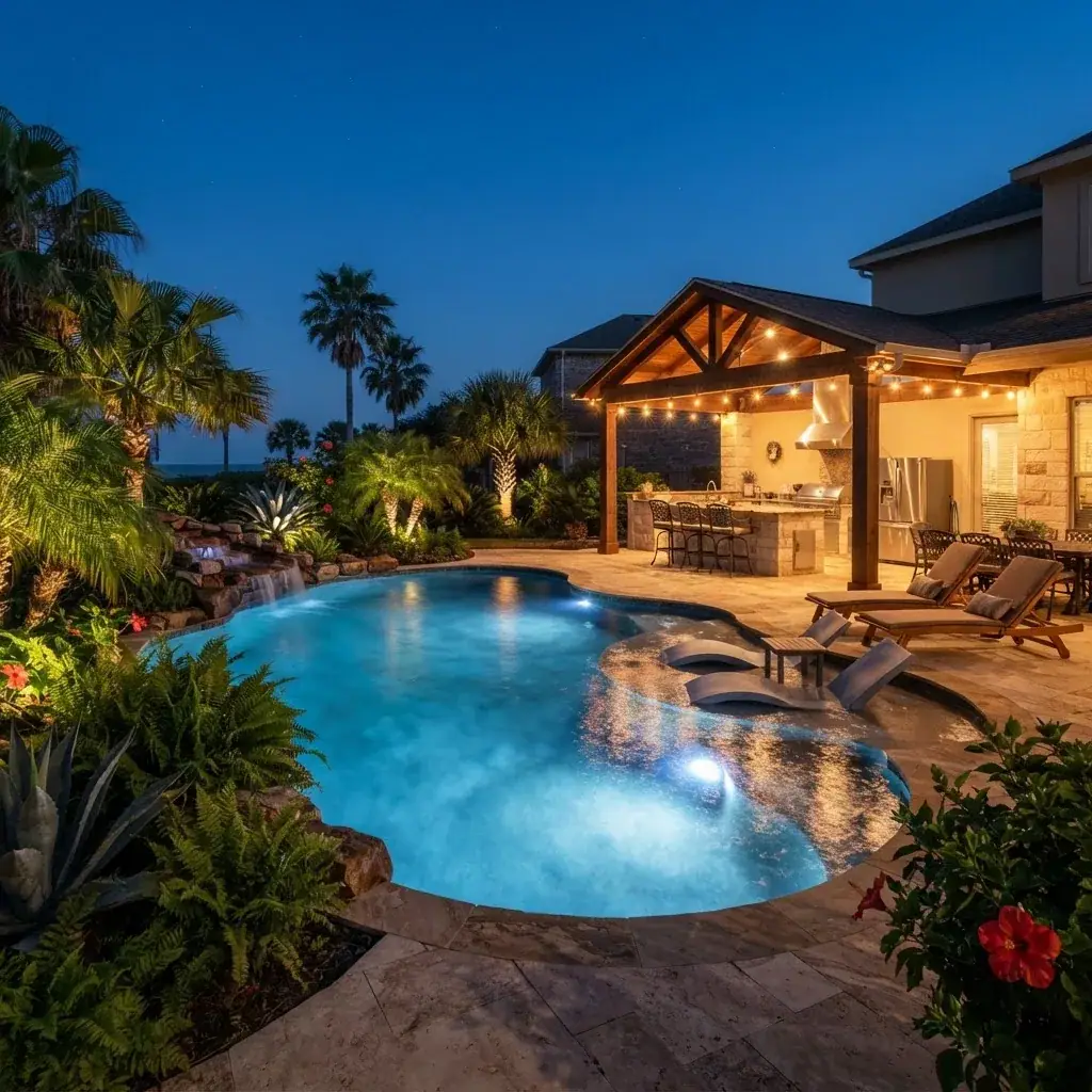 Freeform pool glowing blue at twilight with landscape lighting and a lit outdoor kitchen pavilion